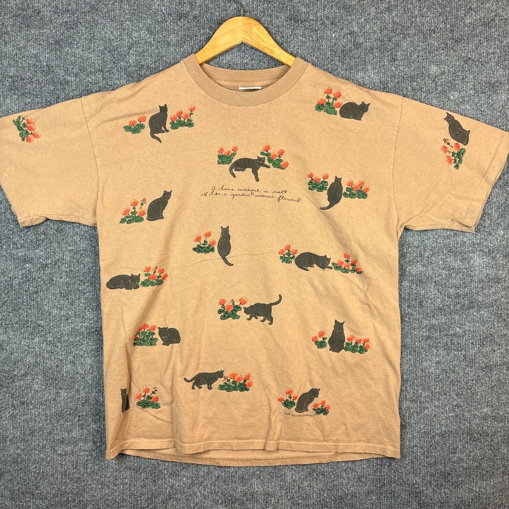Vintage Relevant Products Cat Floral Print XL T-Shirt Single Stitch AOP 1996